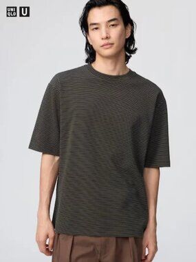 UNIQLO U AIRism Cotton Oversized Striped black tan T Shirt Men Half Sleeve Japan